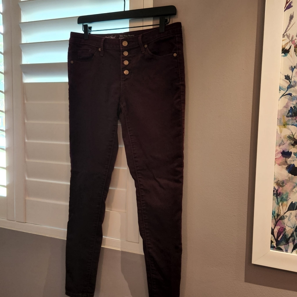 Burgandy button fly jeans mid rise skinny stretch by Mossimo sz 6R